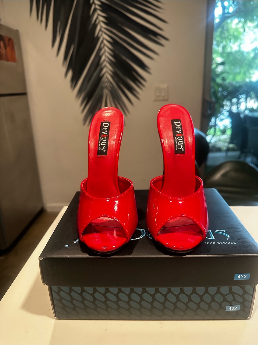 Devious Red Patent Peep-Toe Mule Heels
